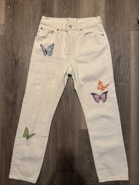 Levi's Denim - Levi's 501 Button Fly Jeans Cream Butterfly Print Size 26x28
